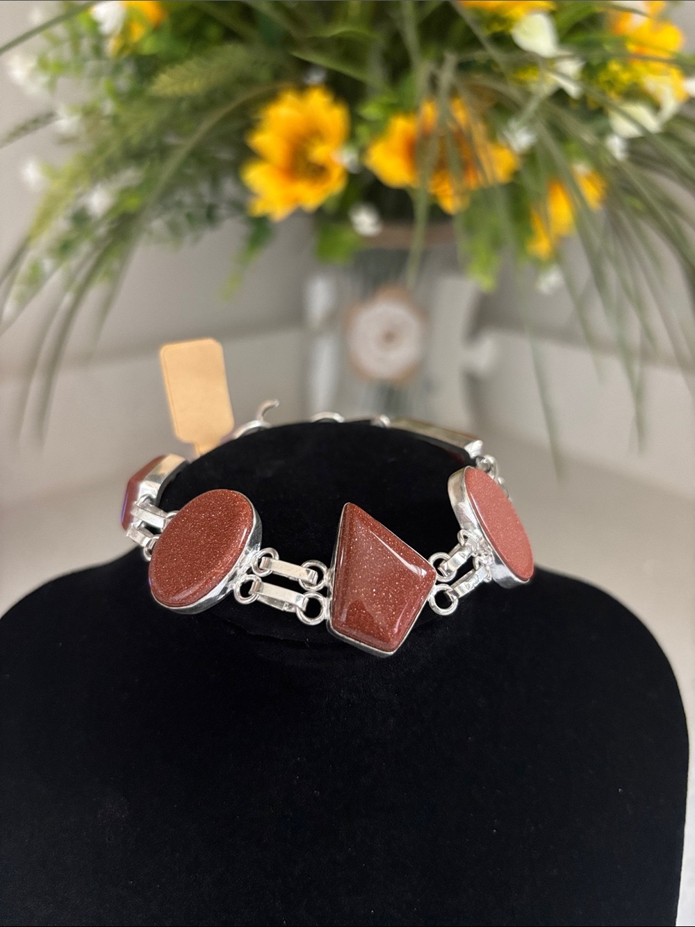 Goldstone Link Silver Bracelet - Shimmery Brown Gemstone